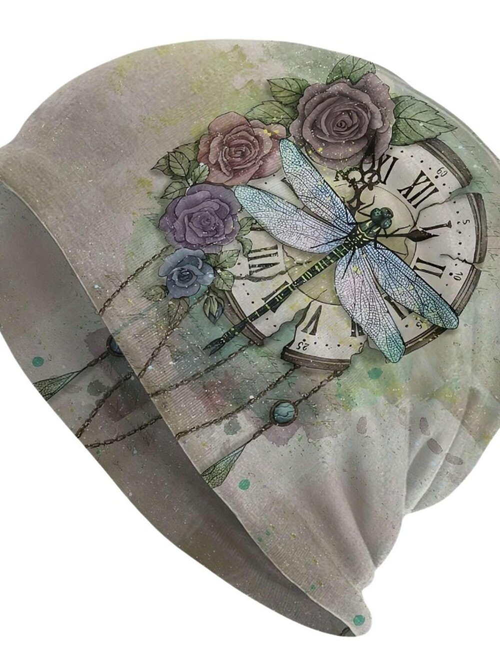 Slouchy Dragonfly Beanie for Women Vintage Rose Clock Skull Cap Chemo Hat
